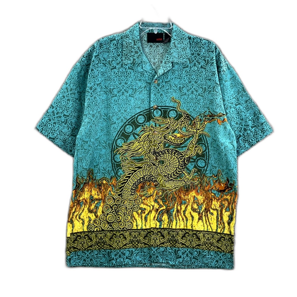 Vintage HEX Dragon Shirt Men Large Camp Collar Short Sleeve Gorpcore Classic Y2K